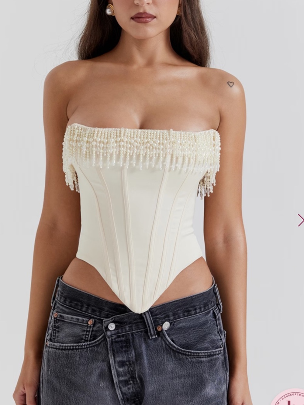 NWT House of CB Aubrie Cream Strapless Pearl-Trim Corset Bodysuit